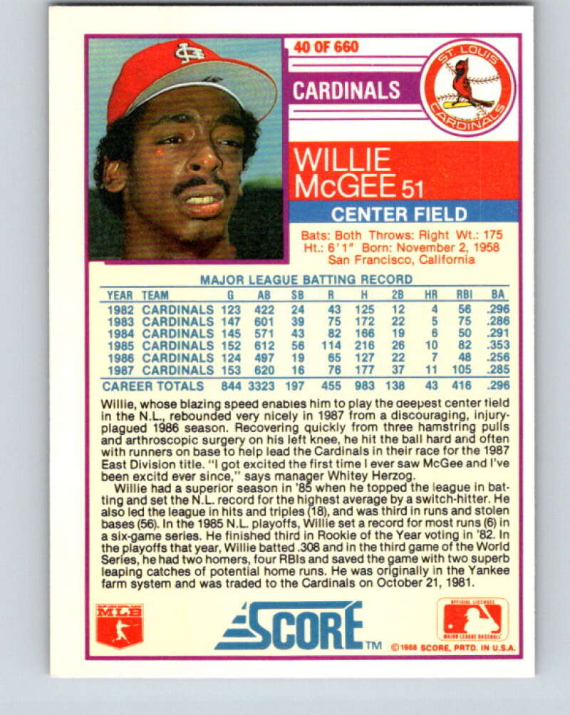 1988 Score #40 Willie McGee UER Mint St. Louis Cardinals Image 2