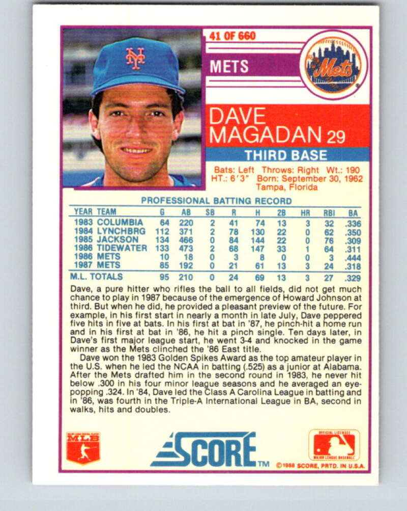 1988 Score #41 Dave Magadan Mint New York Mets Image 2