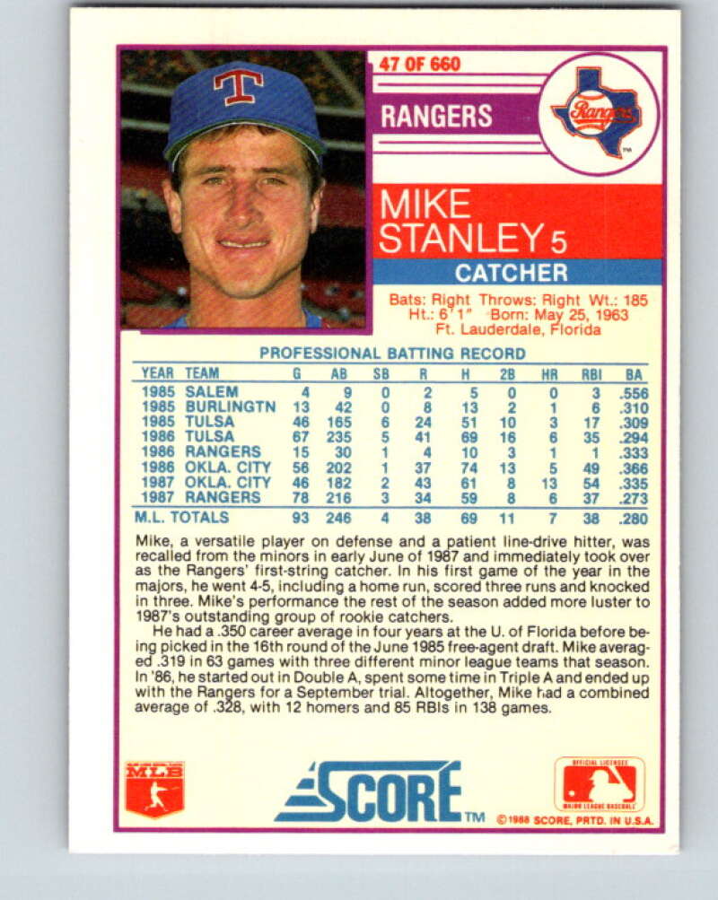 1988 Score #47 Mike Stanley Mint Texas Rangers  Image 2