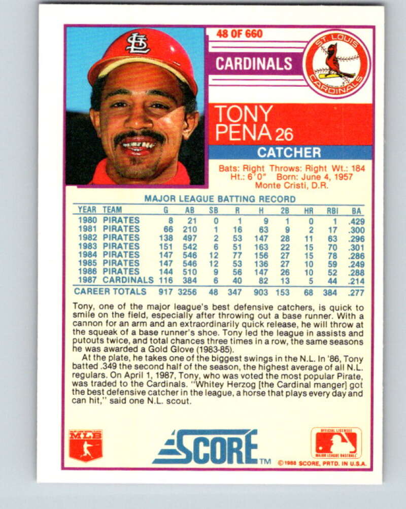 1988 Score #48 Tony Pena Mint St. Louis Cardinals Image 2