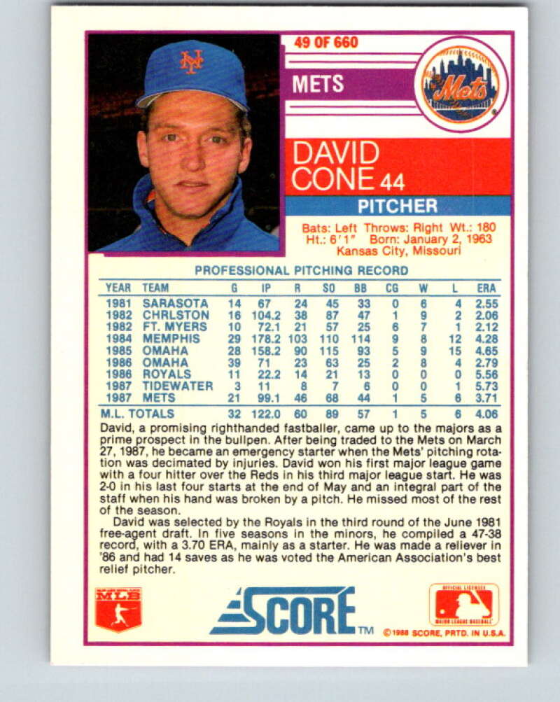 1988 Score #49 David Cone Mint New York Mets Image 2