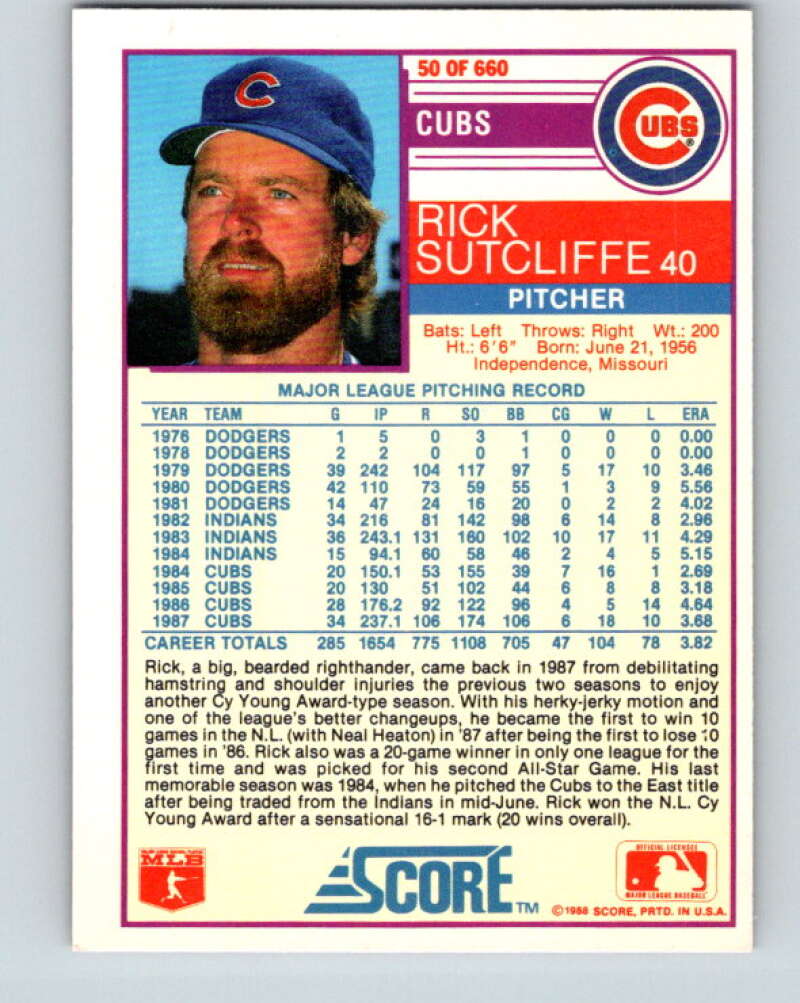 1988 Score #50 Rick Sutcliffe Mint Chicago Cubs  Image 2