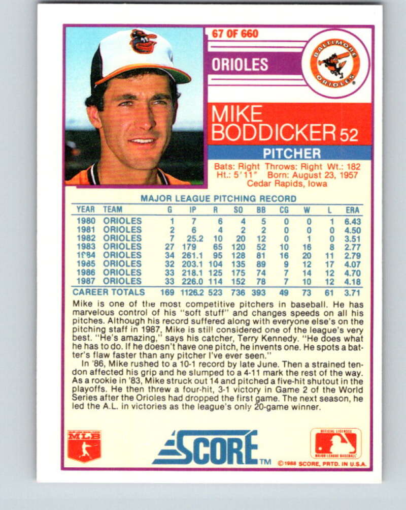 1988 Score #67 Mike Boddicker Mint Baltimore Orioles  Image 2