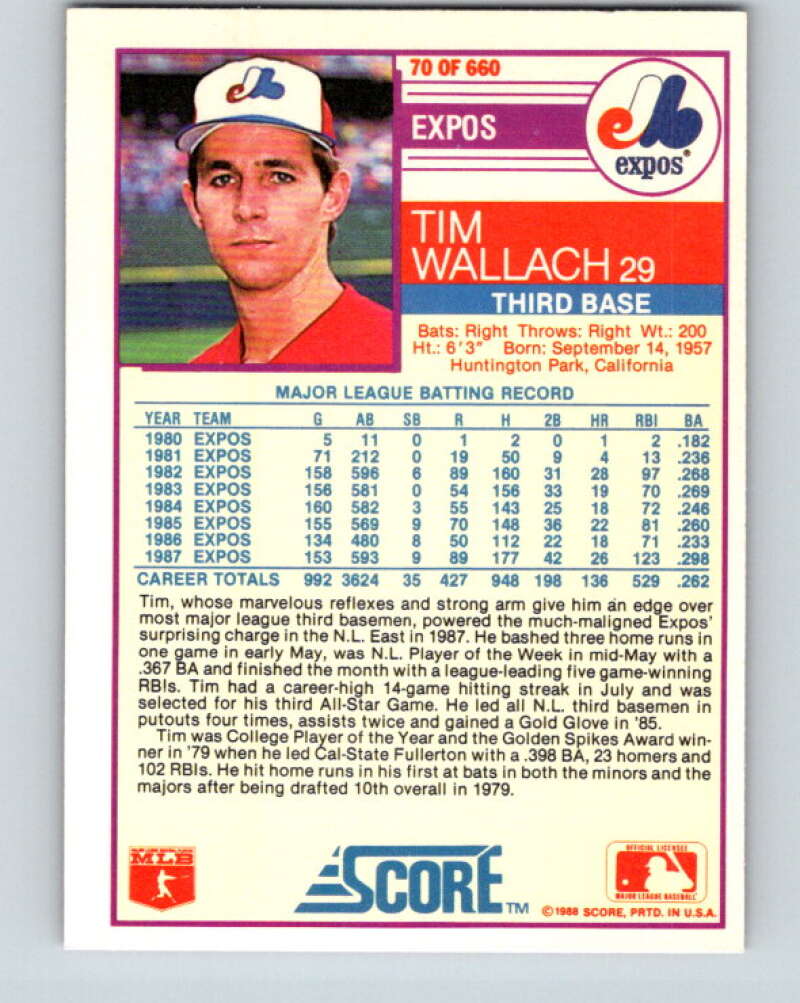 1988 Score #70 Tim Wallach Mint Montreal Expos Image 2