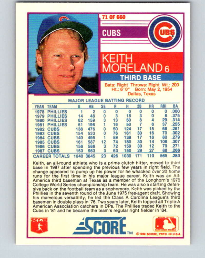 1988 Score #71 Keith Moreland Mint Chicago Cubs Image 2