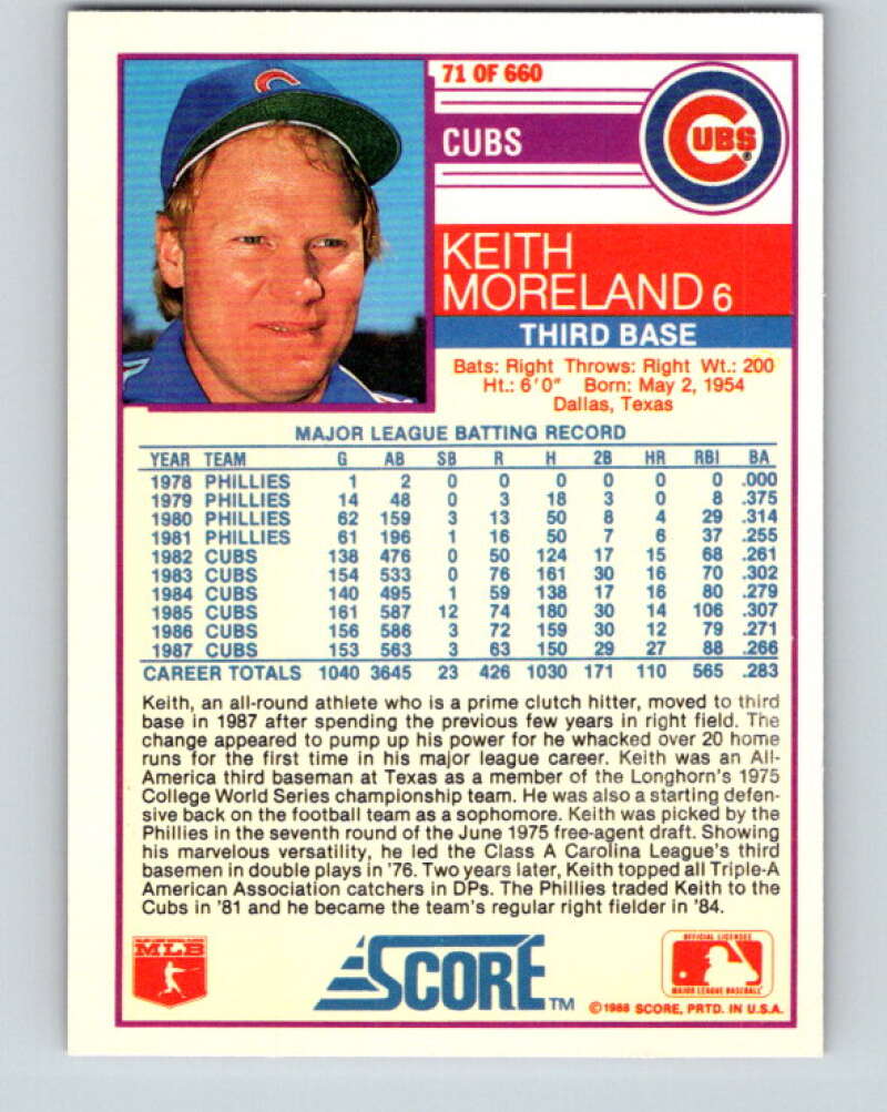 1988 Score #71 Keith Moreland Mint Chicago Cubs  Image 2