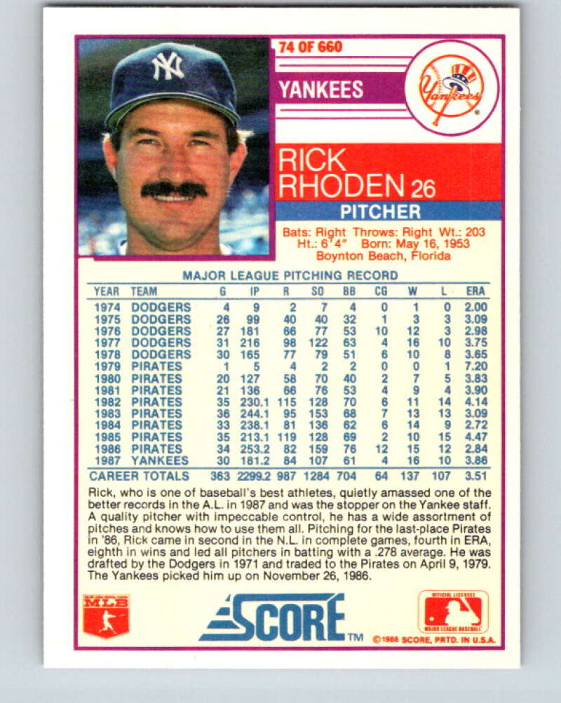 1988 Score #74 Rick Rhoden Mint New York Yankees Image 2