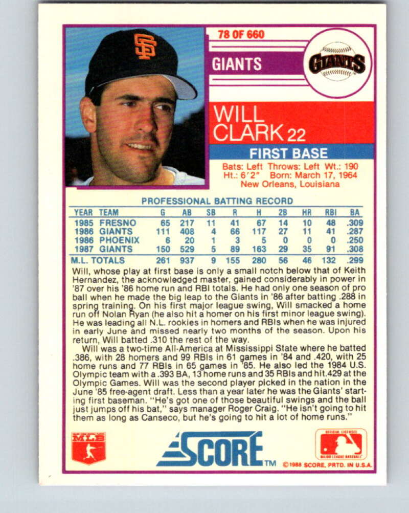 1988 Score #78 Will Clark Mint San Francisco Giants  Image 2