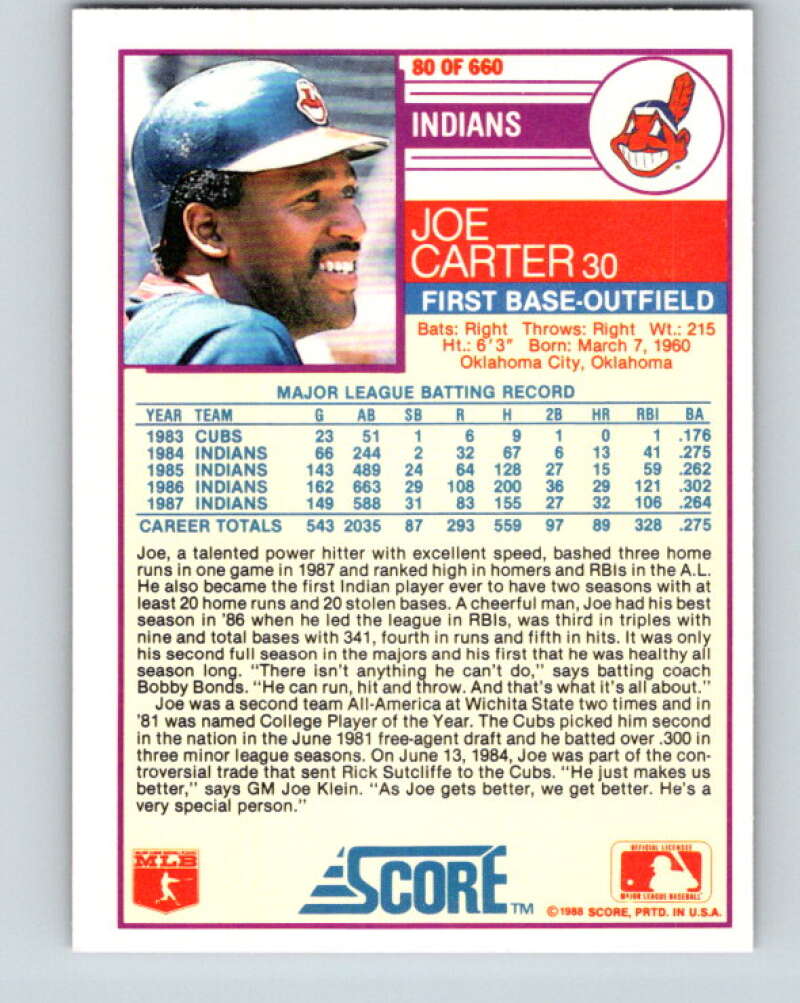 1988 Score #80 Joe Carter Mint Cleveland Indians Image 2