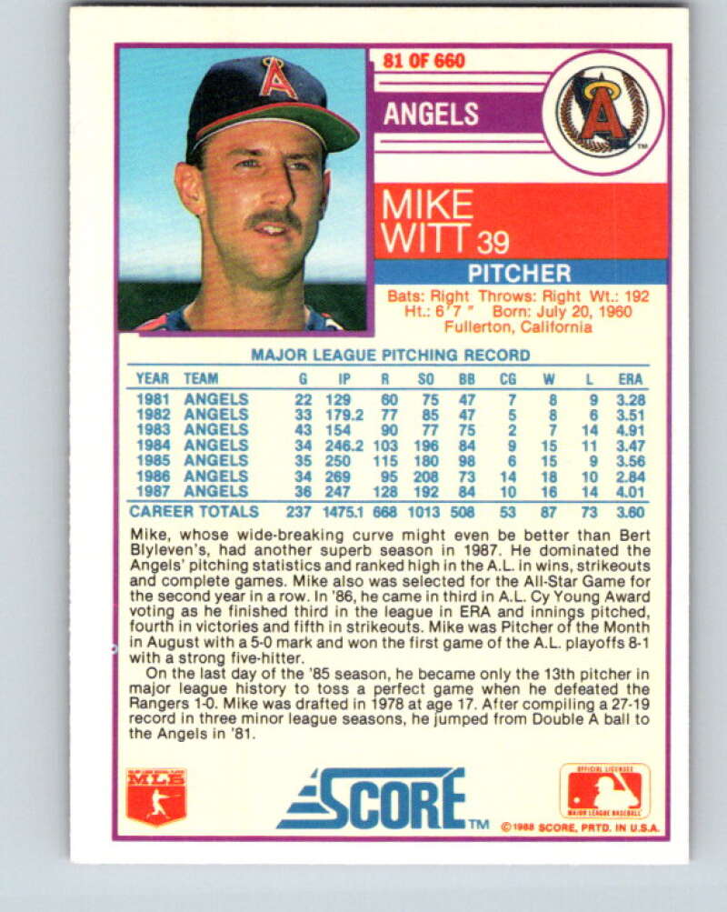1988 Score #81 Mike Witt Mint California Angels Image 2