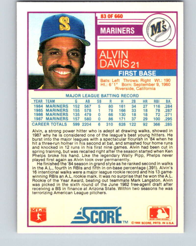 1988 Score #83 Alvin Davis Mint Seattle Mariners  Image 2