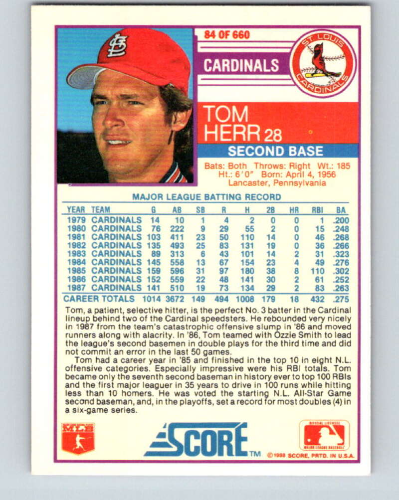 1988 Score #84 Tom Herr Mint St. Louis Cardinals Image 2