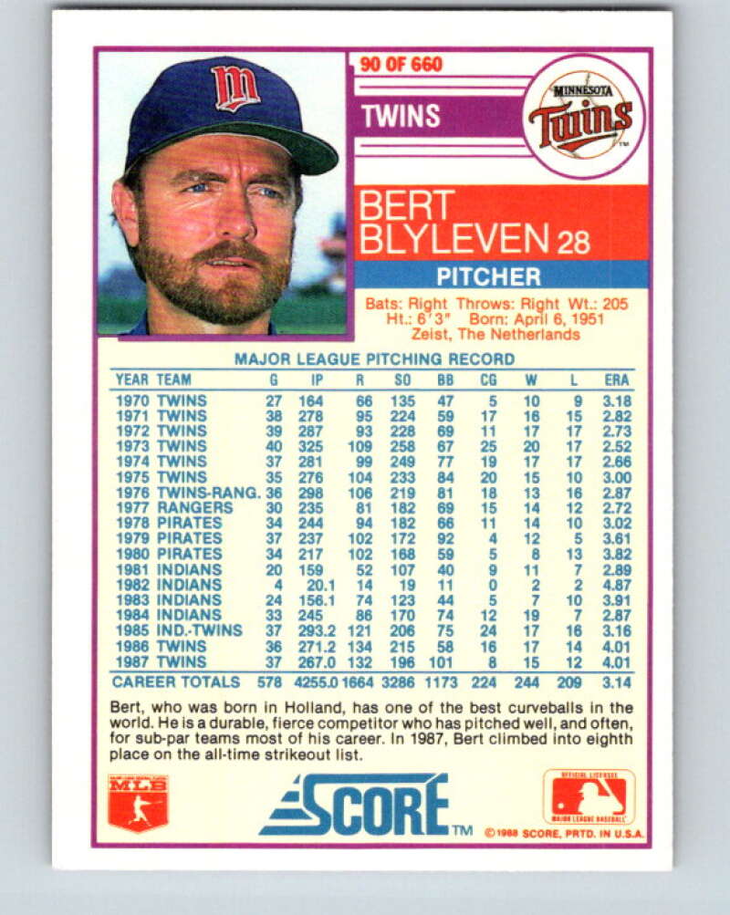 1988 Score #90 Bert Blyleven Mint Minnesota Twins Image 2