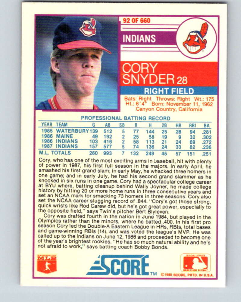 1988 Score #92 Cory Snyder Mint Cleveland Indians Image 2