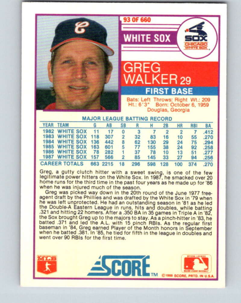 1988 Score #93 Greg Walker ERR Mint Chicago White Sox Image 2
