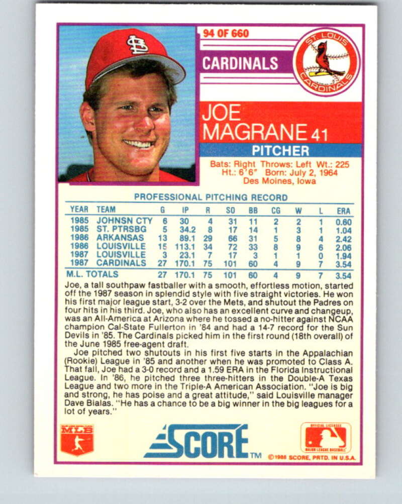 1988 Score #94 Joe Magrane Mint RC Rookie St. Louis Cardinals Image 2