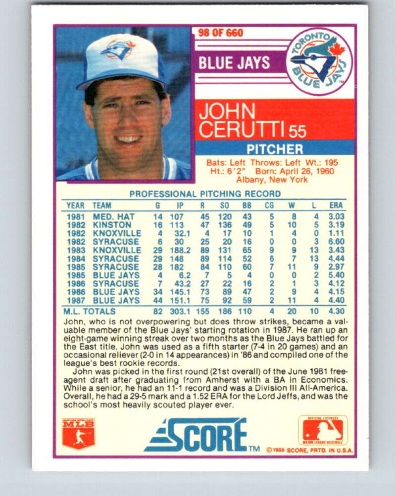 1988 Score #98 John Cerutti Mint Toronto Blue Jays Image 2