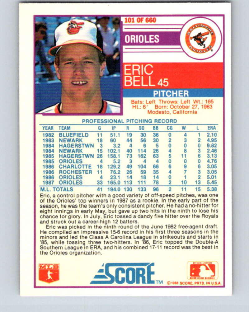 1988 Score #101 Eric Bell Mint Baltimore Orioles  Image 2