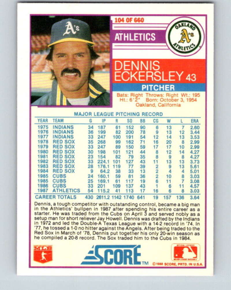 1988 Score #104 Dennis Eckersley UER Mint Oakland Athletics Image 2