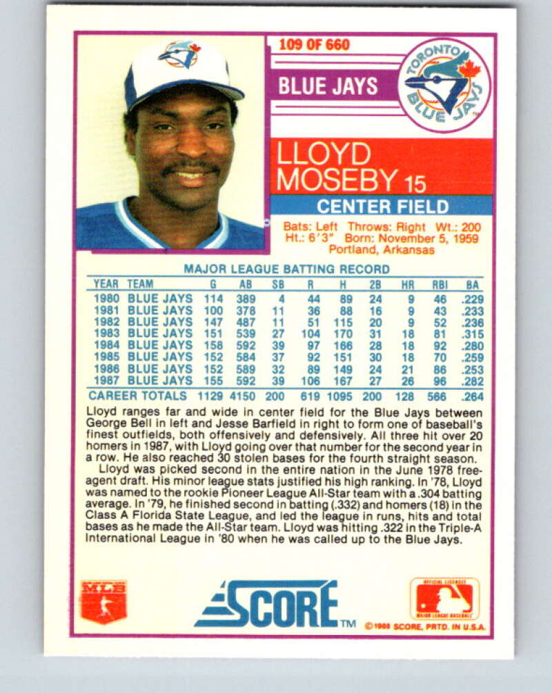 1988 Score #109 Lloyd Moseby Mint Toronto Blue Jays Image 2