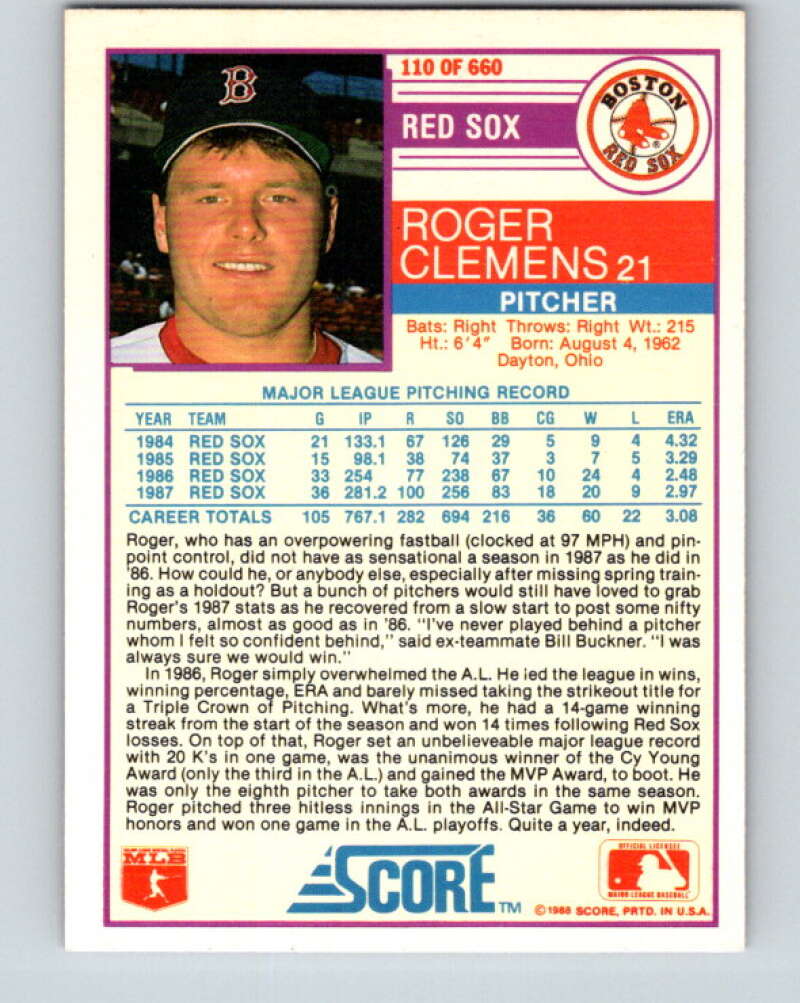 1988 Score #110 Roger Clemens Mint Boston Red Sox Image 2