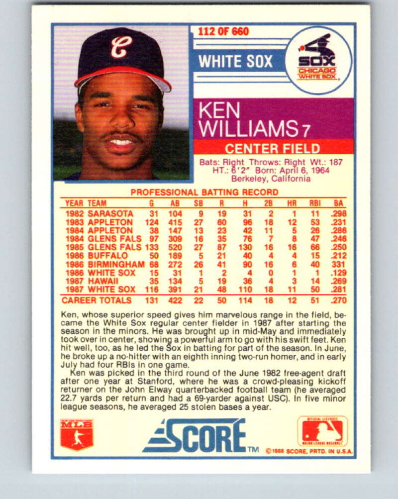 1988 Score #112 Kenny Williams Mint Chicago White Sox  Image 2