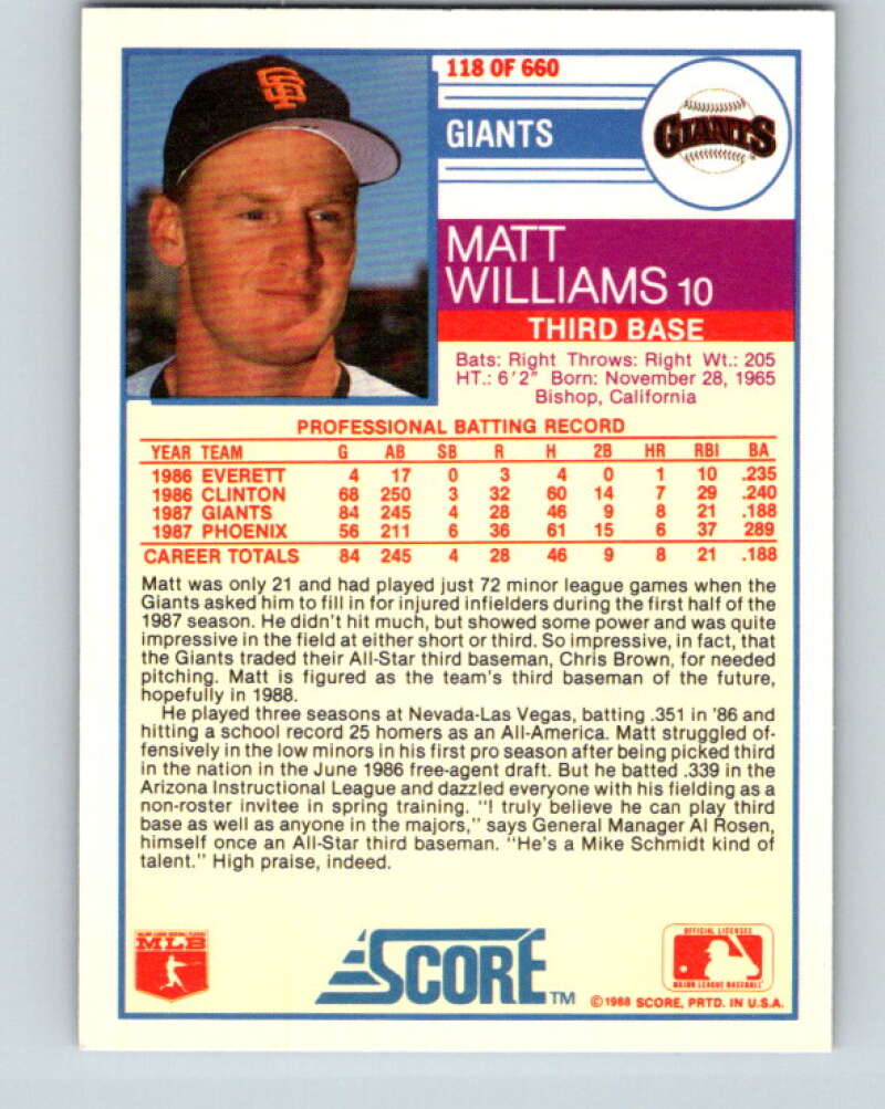 1988 Score #118 Matt Williams Mint RC Rookie San Francisco Giants Image 2