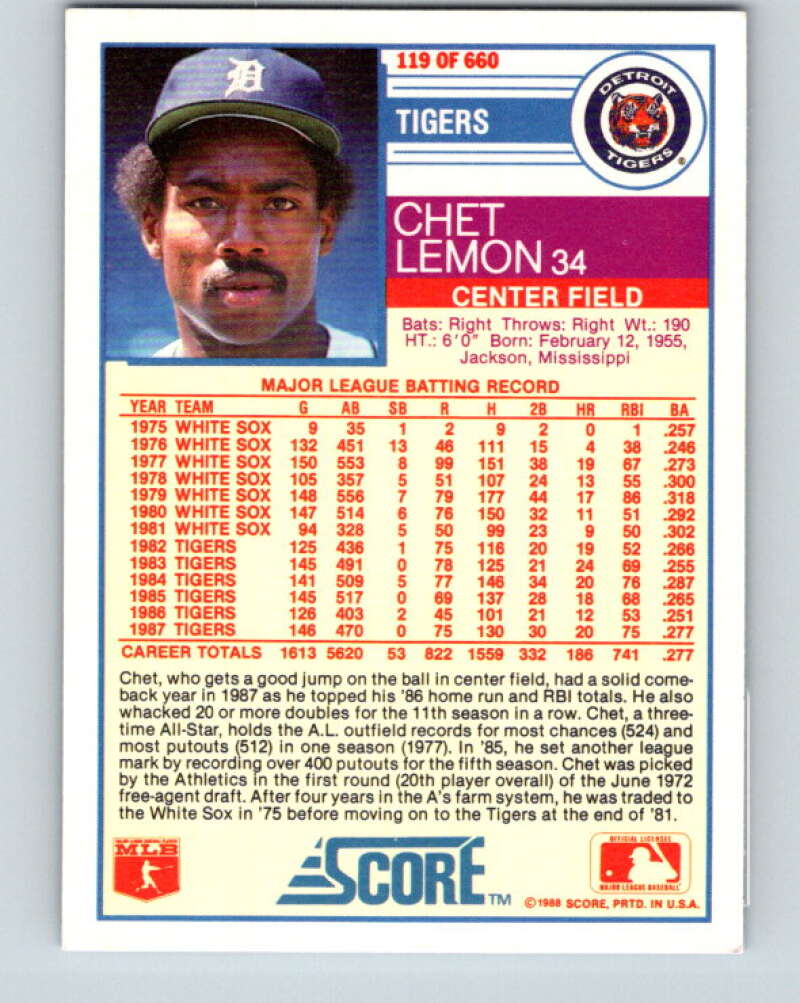 1988 Score #119 Chet Lemon Mint Detroit Tigers Image 2
