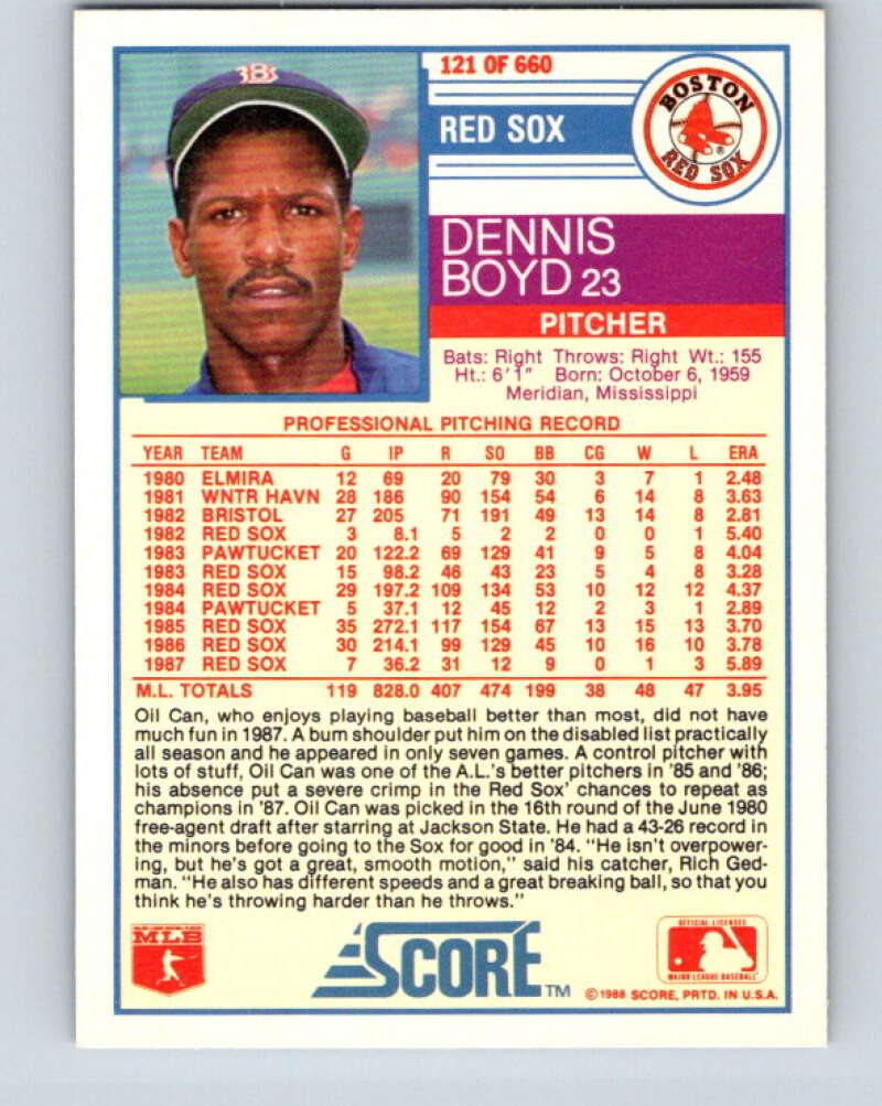 1988 Score #121 Oil Can Boyd Mint Boston Red Sox  Image 2
