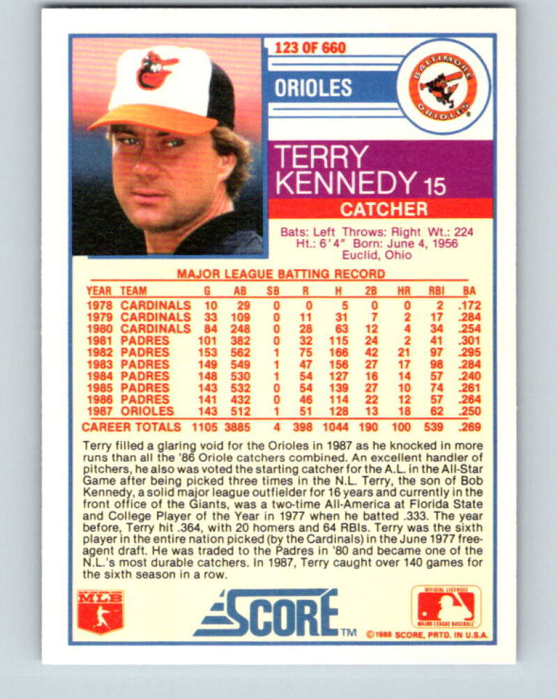 1988 Score #123 Terry Kennedy Mint Baltimore Orioles  Image 2