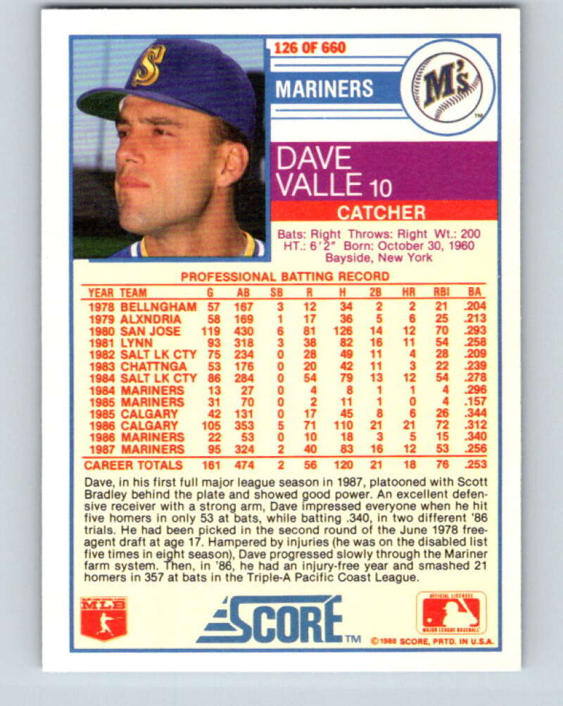 1988 Score #126 Dave Valle ERR Mint Seattle Mariners Image 2