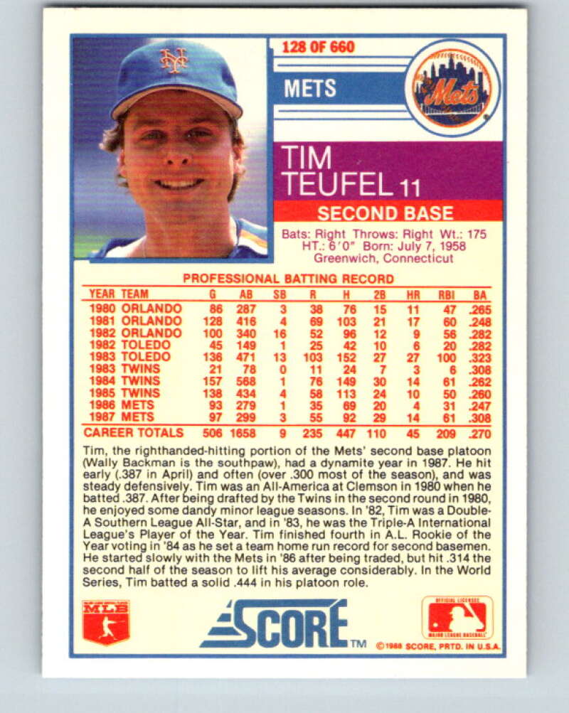 1988 Score #128 Tim Teufel Mint New York Mets Image 2