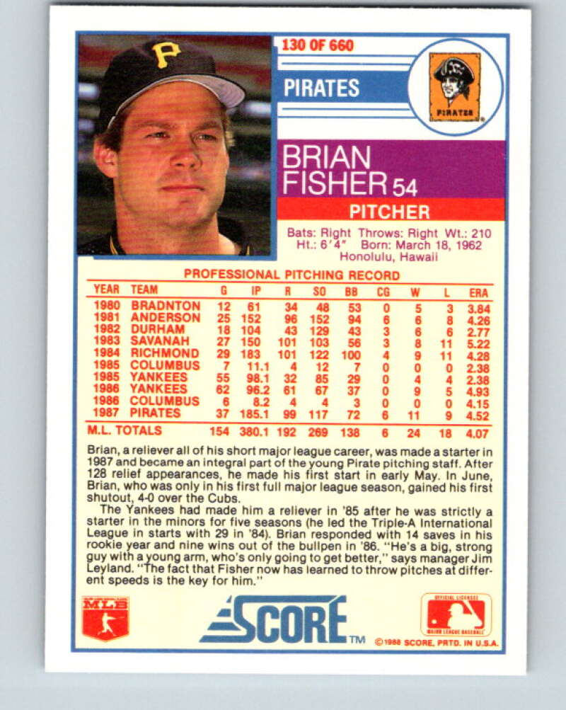 1988 Score #130 Brian Fisher Mint Pittsburgh Pirates Image 2