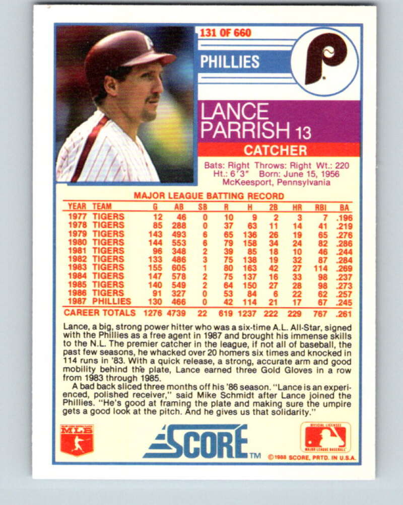 1988 Score #131 Lance Parrish Mint Philadelphia Phillies  Image 2