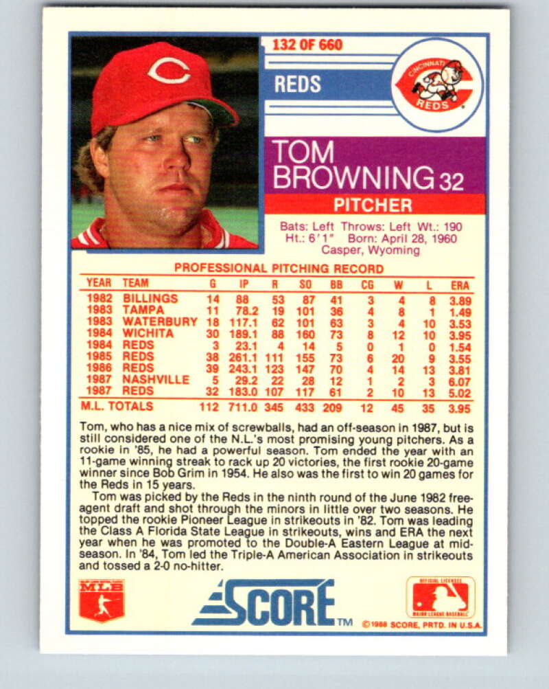 1988 Score #132 Tom Browning Mint Cincinnati Reds Image 2