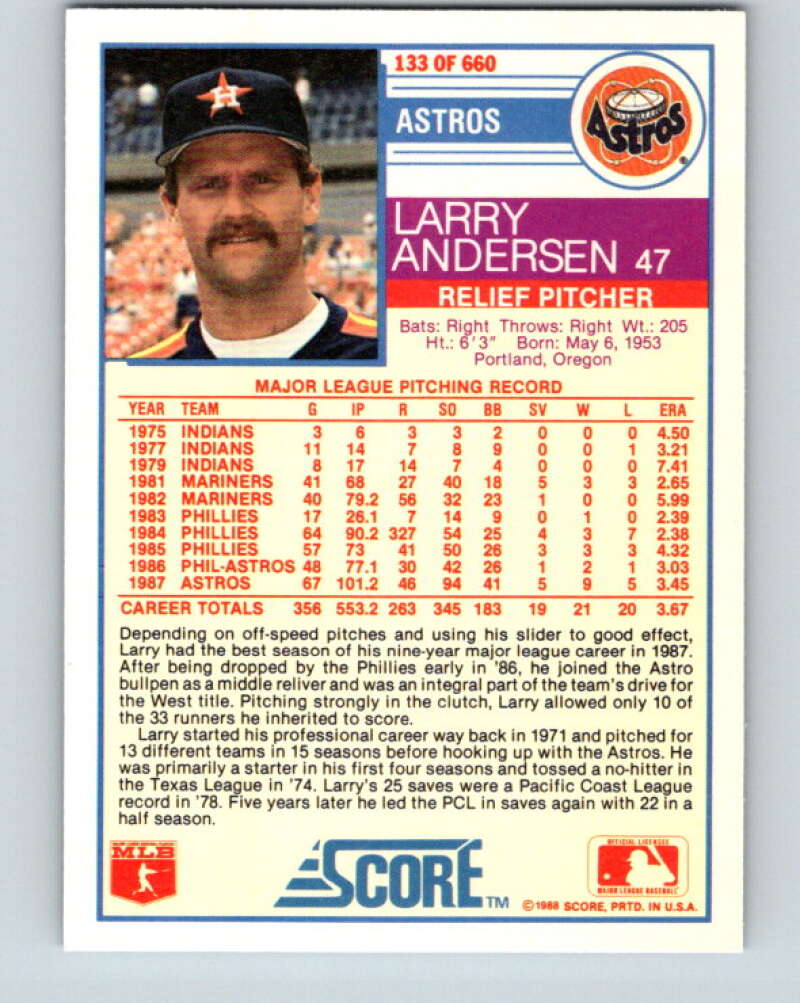 1988 Score #133 Larry Andersen ERR Mint Houston Astros Image 2