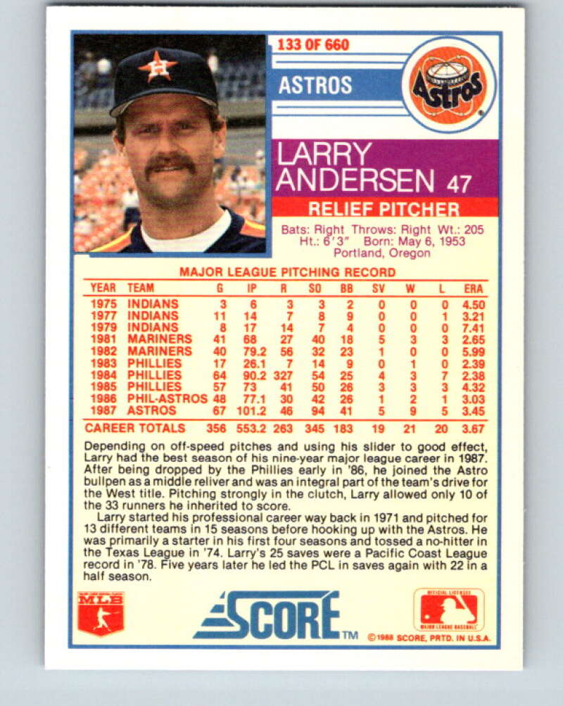 1988 Score #133 Larry Andersen ERR Mint Houston Astros  Image 2