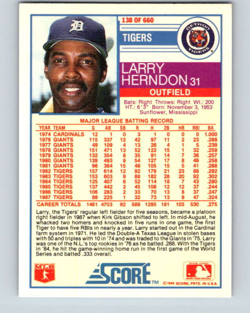 1988 Score #138 Larry Herndon Mint Detroit Tigers Image 2
