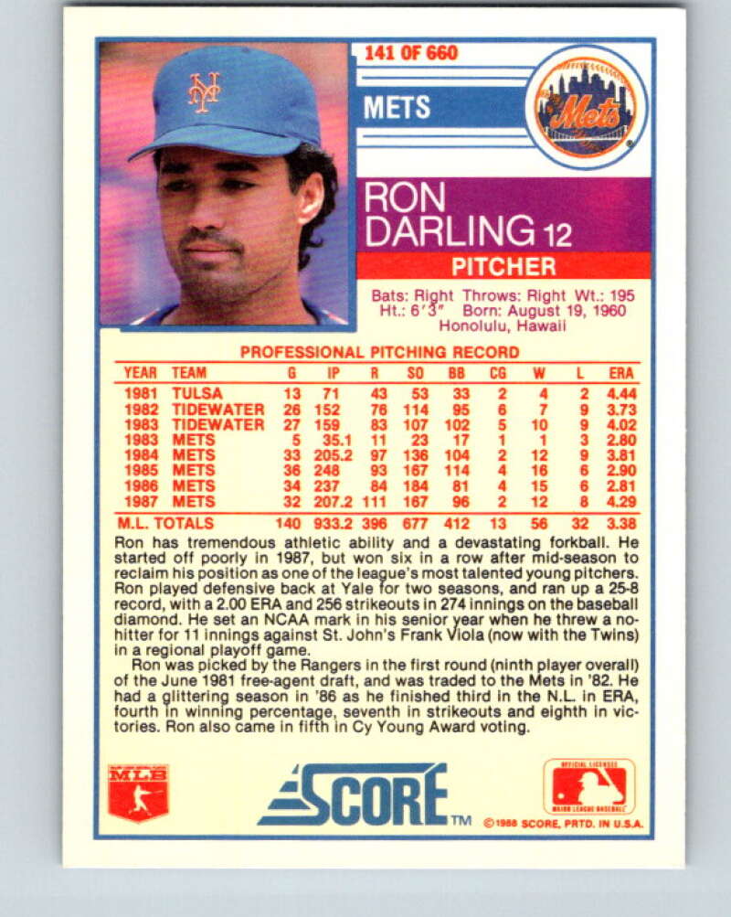 1988 Score #141 Ron Darling Mint New York Mets Image 2