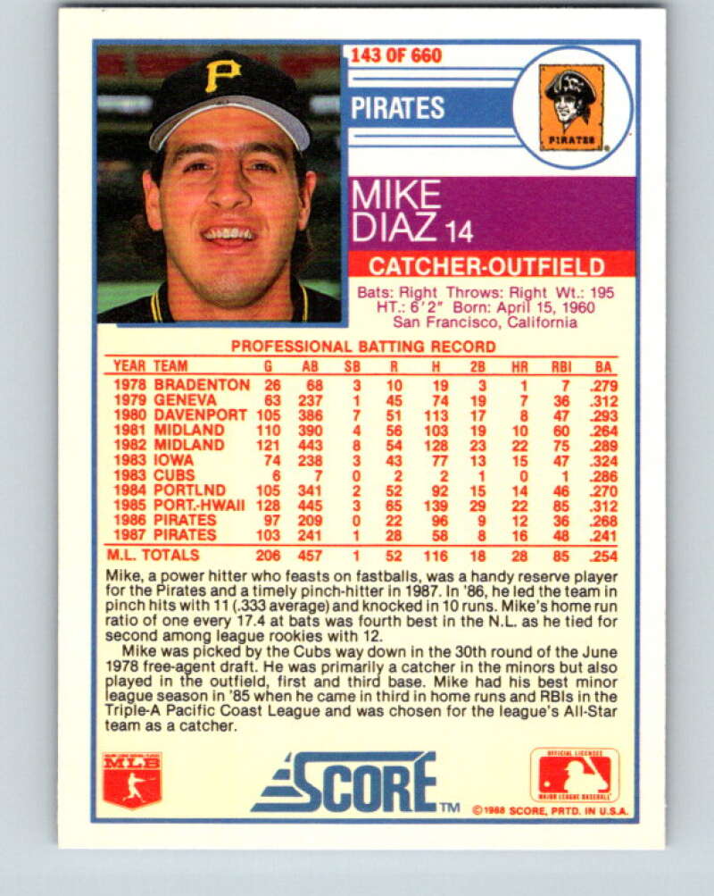 1988 Score #143 Mike Diaz Mint Pittsburgh Pirates Image 2