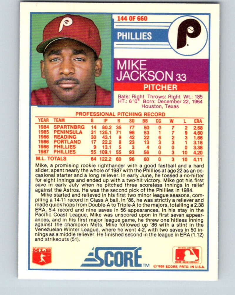 1988 Score #144 Mike Jackson Mint RC Rookie Philadelphia Phillies  Image 2