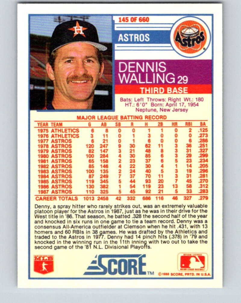 1988 Score #145 Denny Walling Mint Houston Astros Image 2
