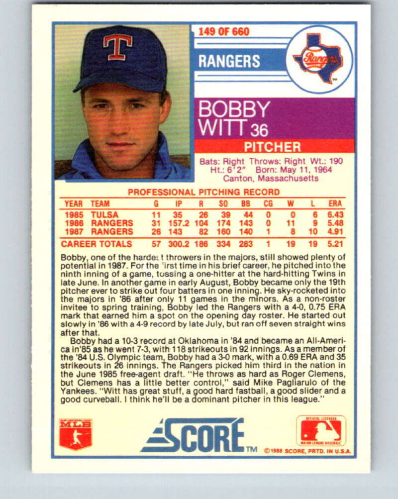 1988 Score #149 Bobby Witt Mint Texas Rangers Image 2