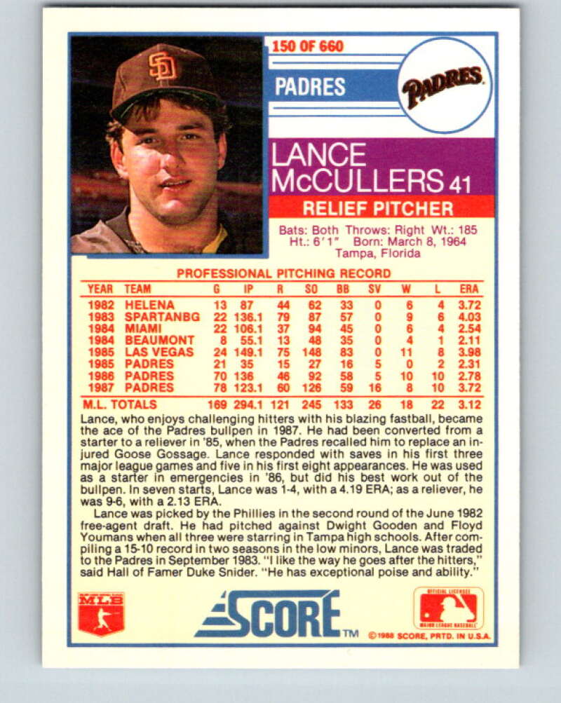 1988 Score #150 Lance McCullers Mint San Diego Padres Image 2