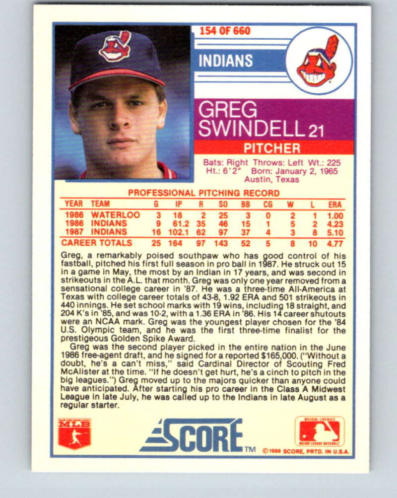 1988 Score #154 Greg Swindell Mint Cleveland Indians  Image 2