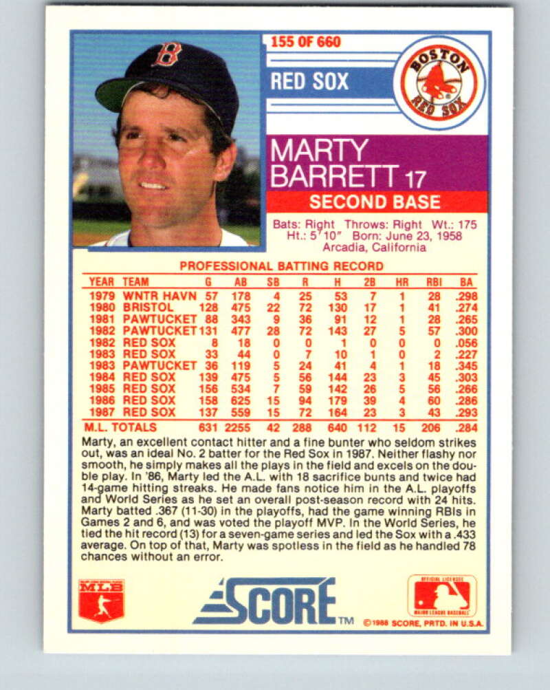 1988 Score #155 Marty Barrett Mint Boston Red Sox Image 2