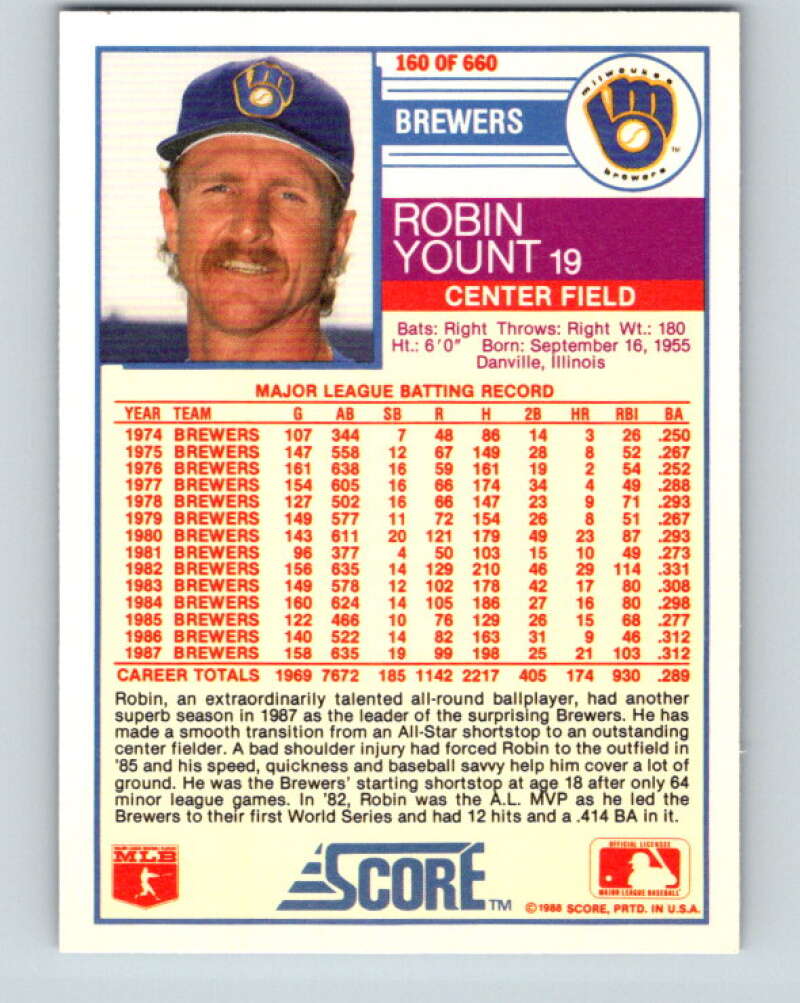 1988 Score #160 Robin Yount Mint Milwaukee Brewers Image 2