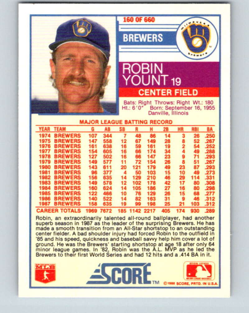 1988 Score #160 Robin Yount Mint Milwaukee Brewers  Image 2