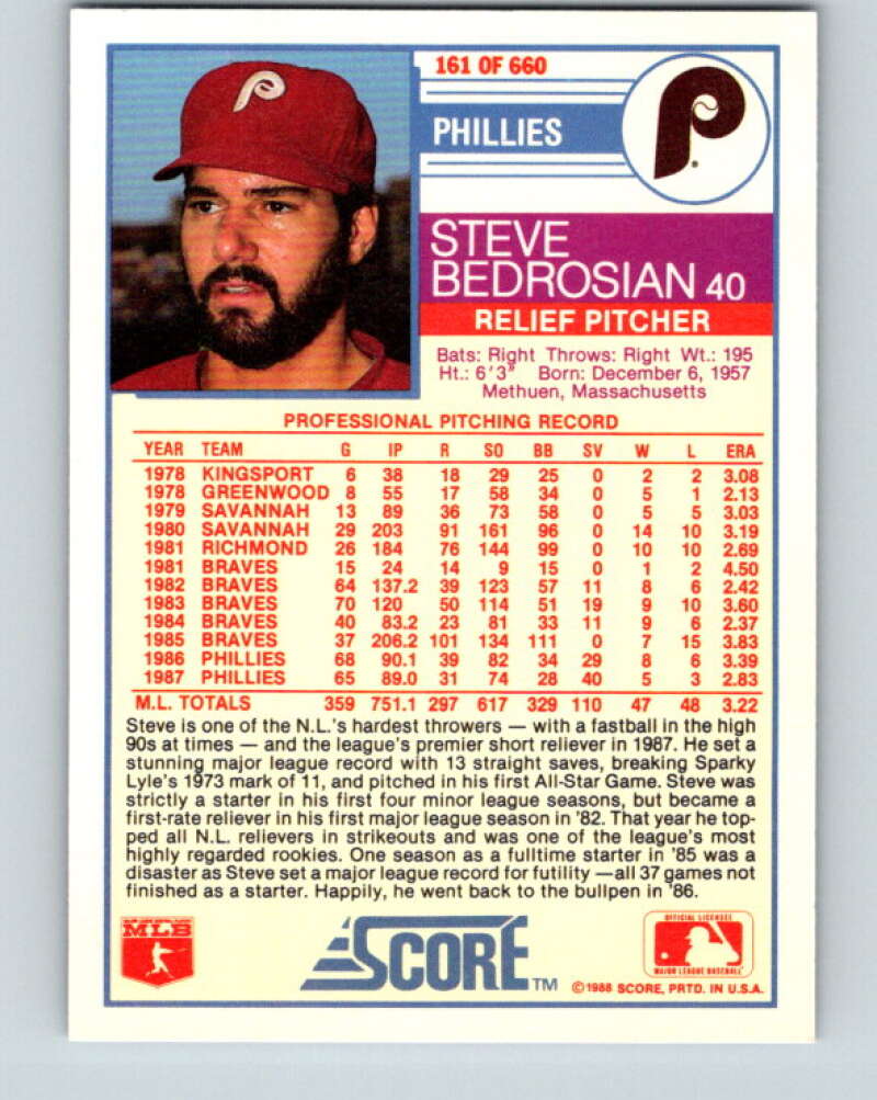 1988 Score #161 Steve Bedrosian Mint Philadelphia Phillies Image 2