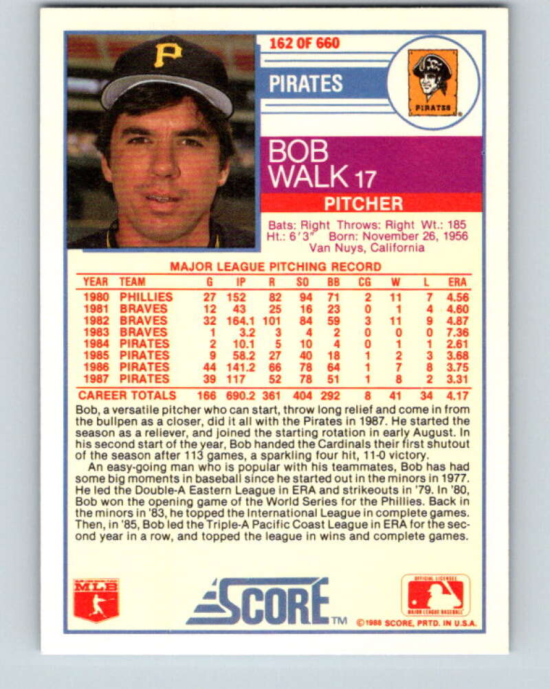 1988 Score #162 Bob Walk Mint Pittsburgh Pirates Image 2